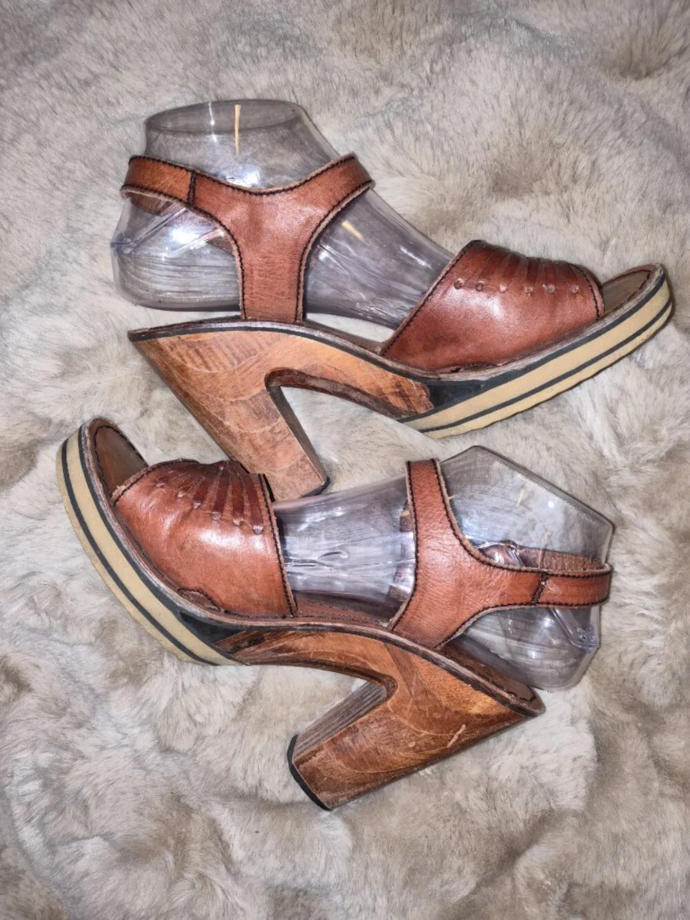 Vintage 1970 Thom McAn Wooden Platform Wedge Sandles